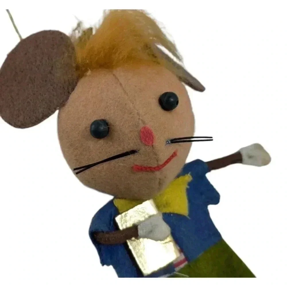 Vintage MCM Christmas Felt Big Ear Mouse Ornament Schoolboy with Book Pixie